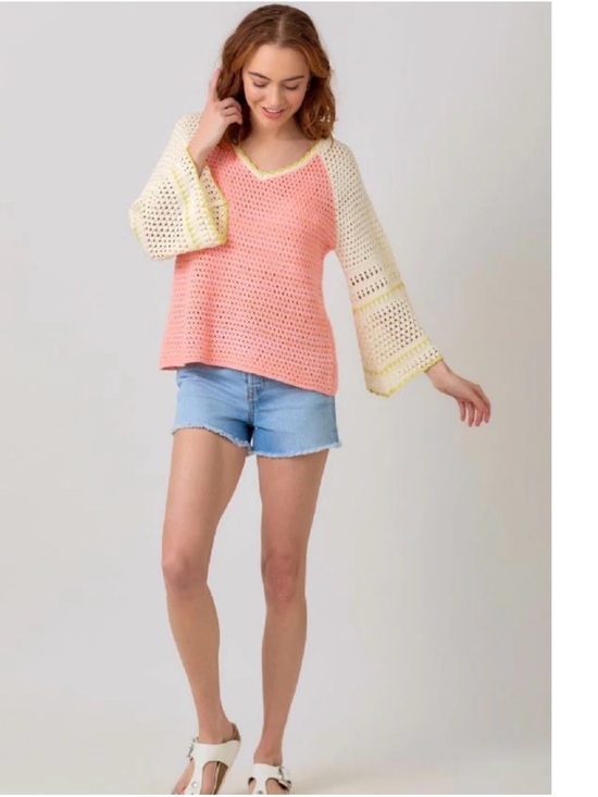 Sweaters - Crochet raglan sleeve V-Neck Sweater Top in Peach and Cream